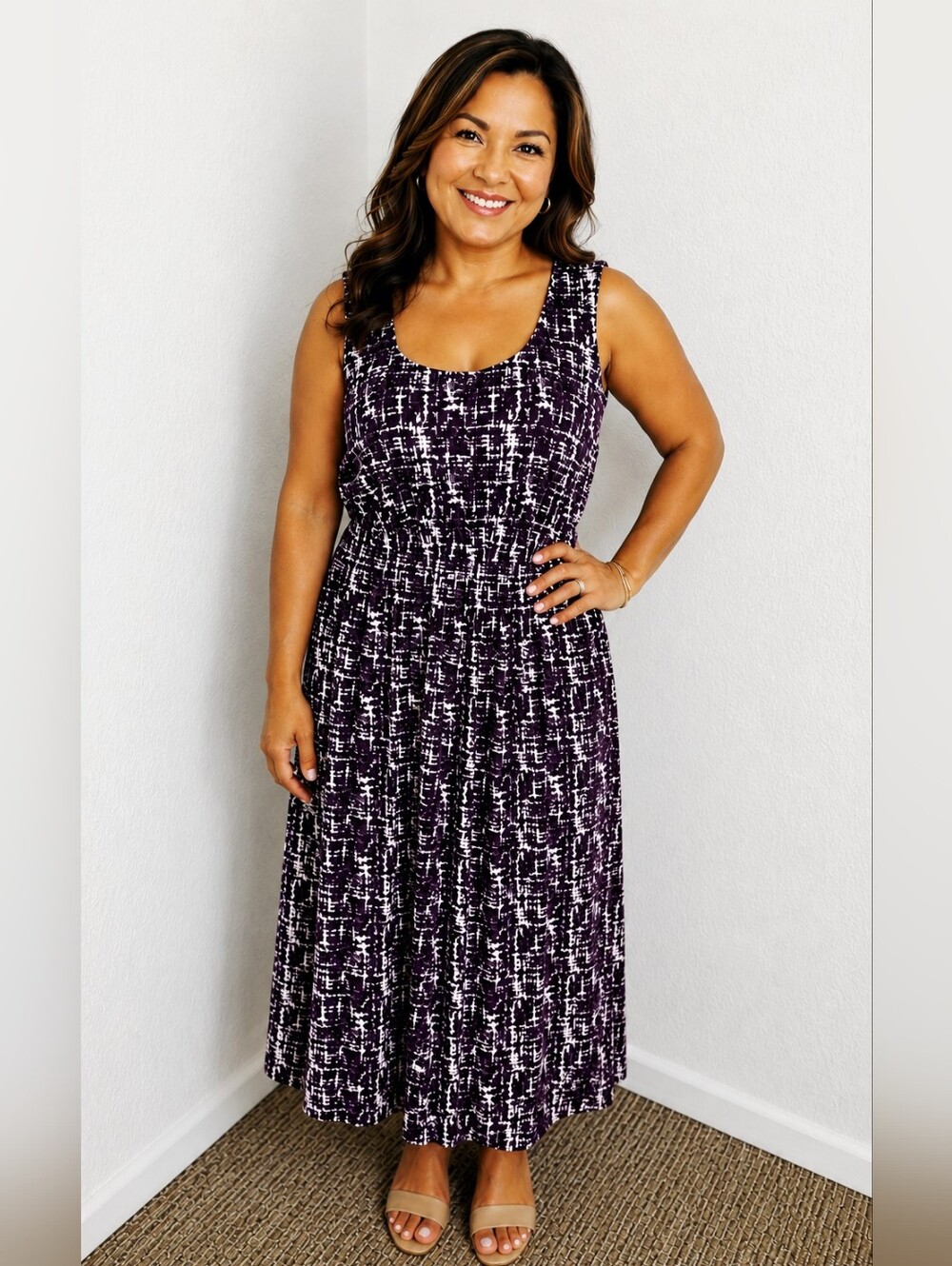 Perceptions NY Purple & White Sleeveless Midi-Dress, Smocked Waistband, Size 14